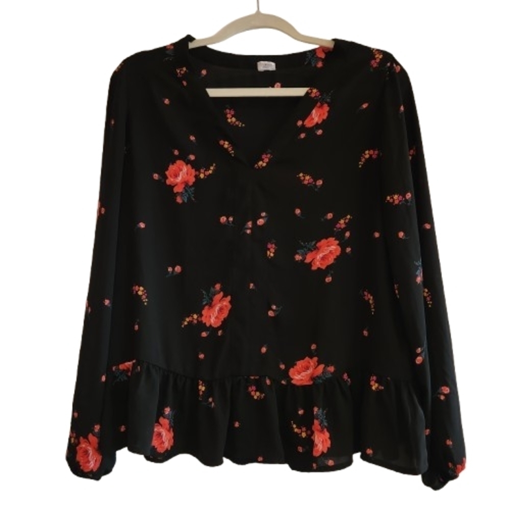 GAP Size S Black/Red Floral V-Neck Ruffle Hem Long Sleeve Top Cottagecore Boho